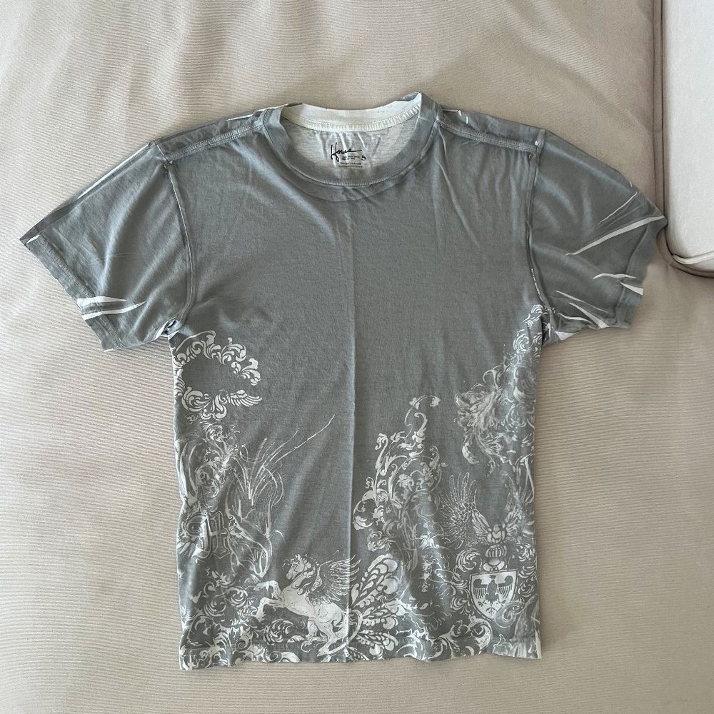 Graphic T-Shirt with Arabesque Motif Print, size: S, Distressed Look